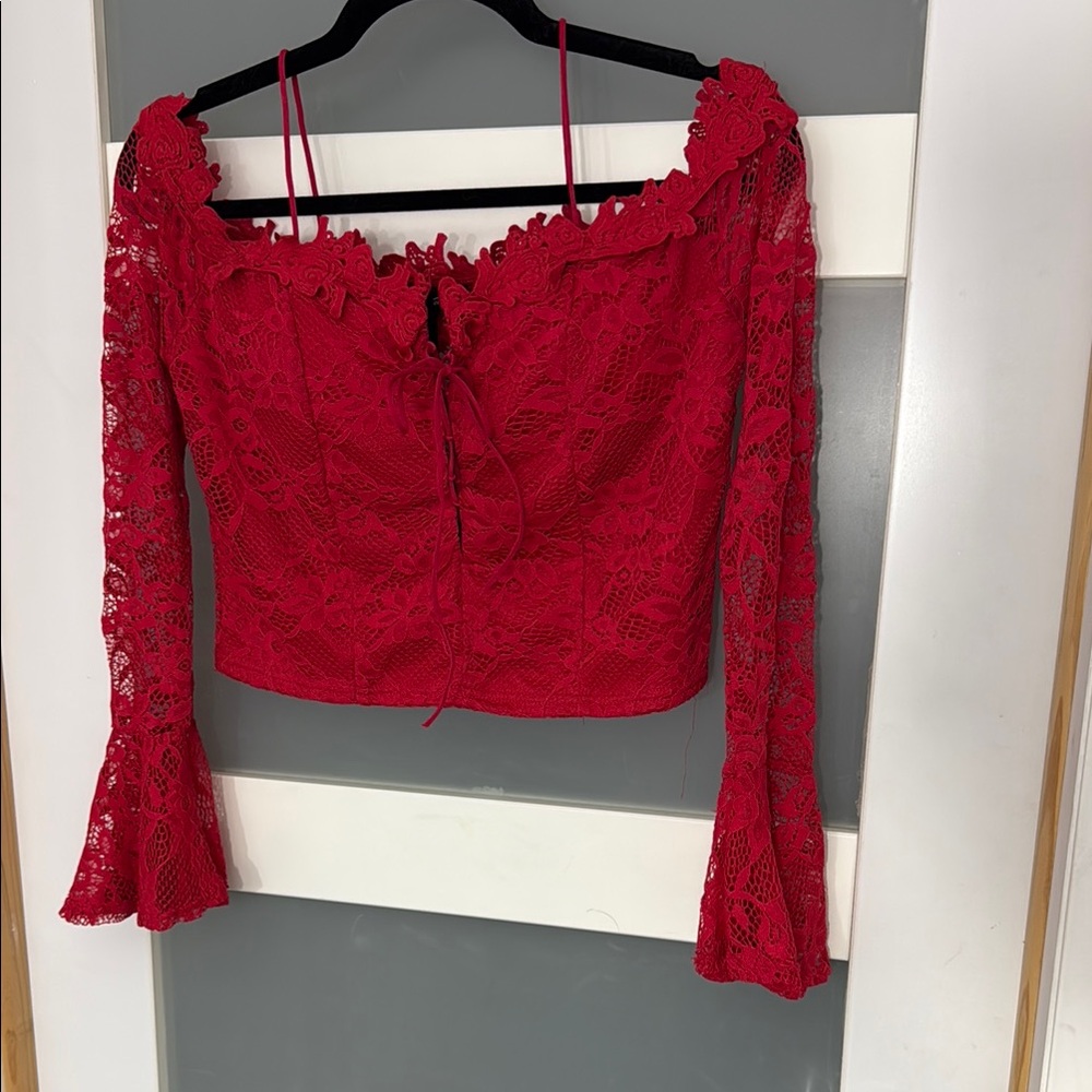 Red Lace Bell Sleeve Crop Blouse